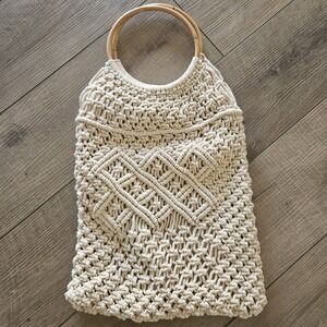 Macrame Purse Bohemian Bamboo Handles Hippie Boho Large Natural